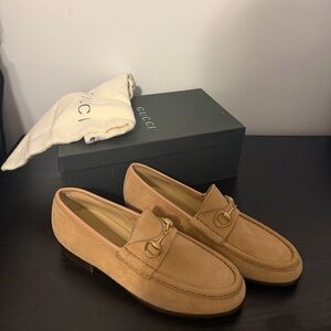 Gucci Light Brown Suede wormen Loafers with Gold Accent